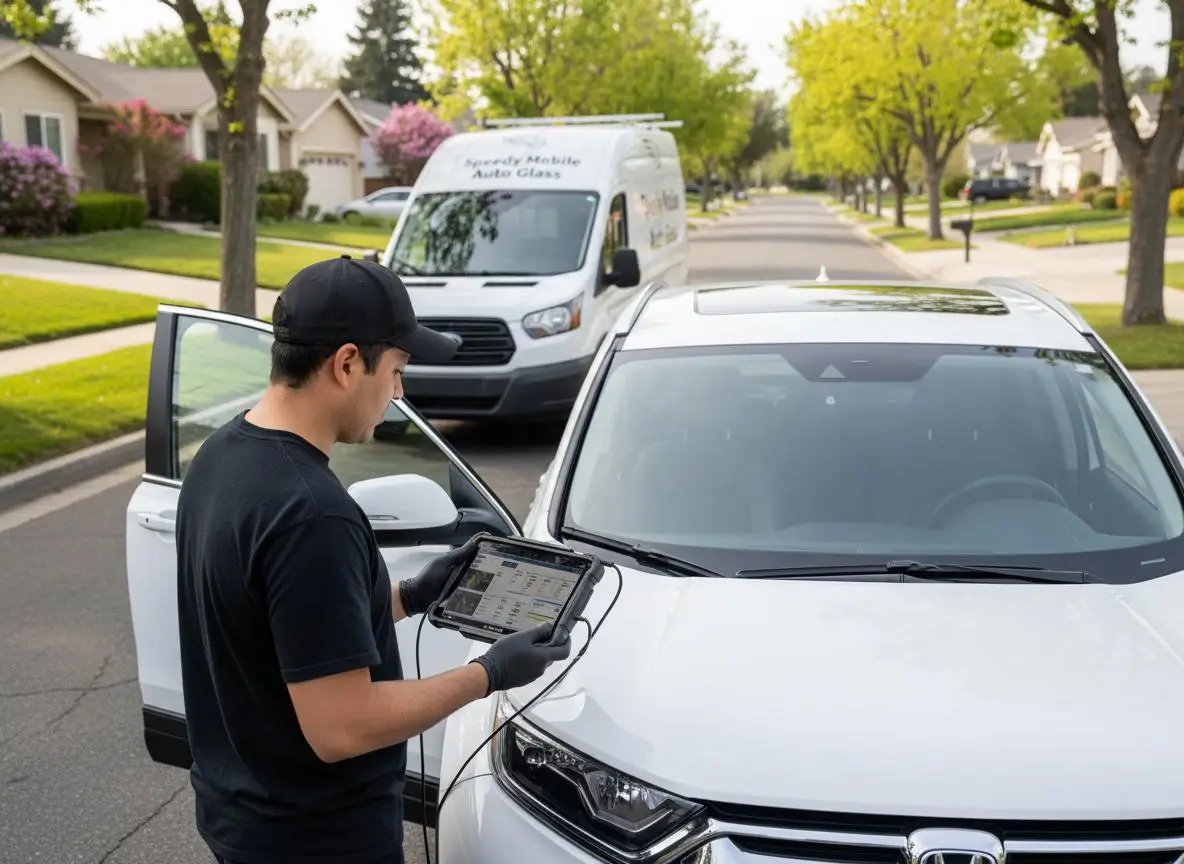 Mobile technician using a diagnostic tablet to perform a windshield calibration on a vehicle outdoors.