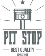 Vintage-style badge emblem with piston icon reading "Pit Stop, Best Quality, Since 1998"