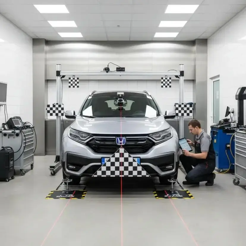 Technician using a tablet to configure an ADAS calibration system in front of a vehicle.