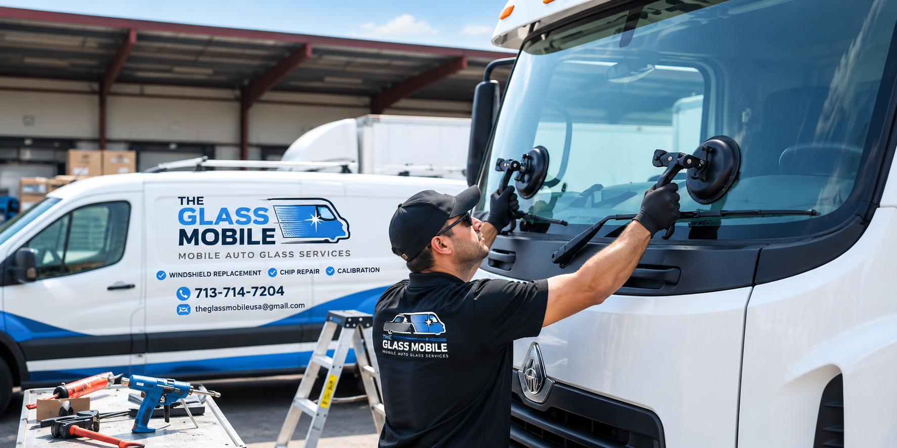Technician using suction cups to fit a new windshield during a mobile windshield repair service.