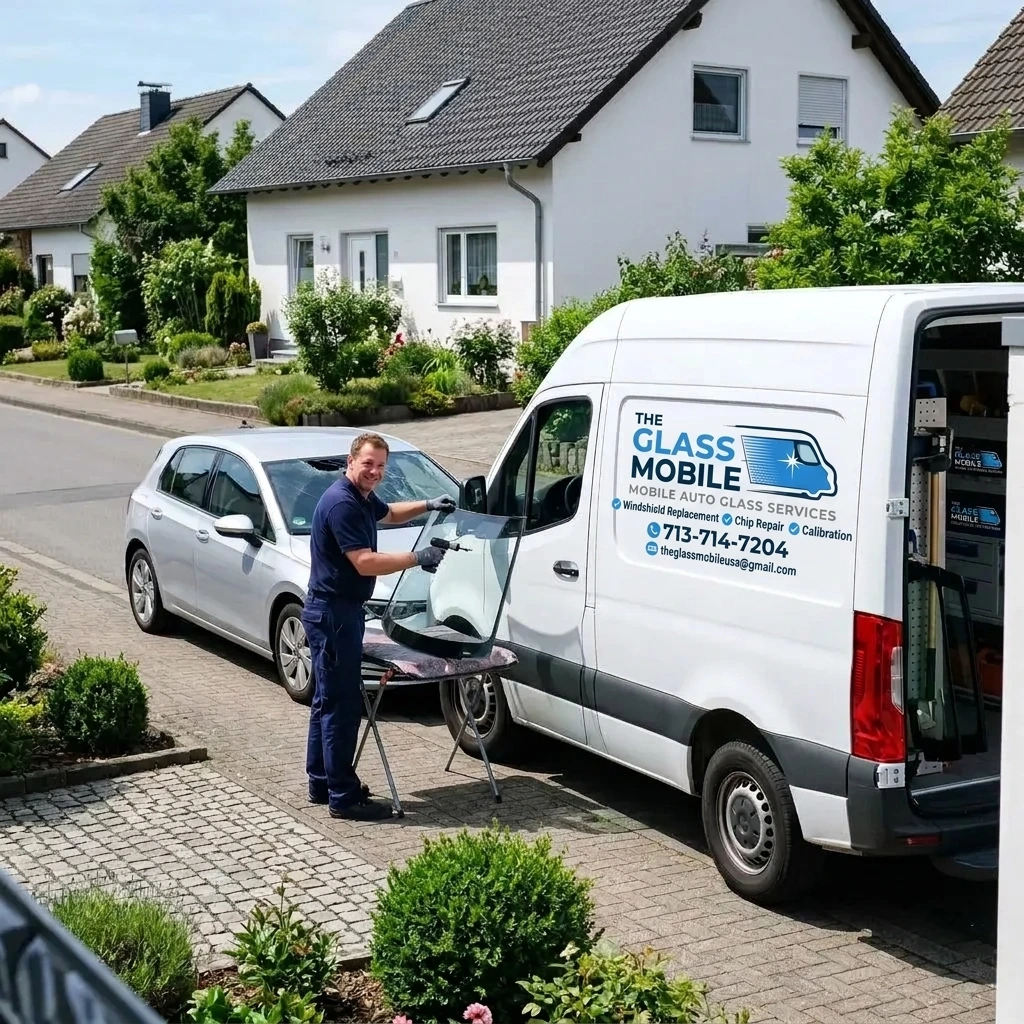 Technician prepping a replacement windshield on a stand beside a mobile auto glass service van in a residential driveway.