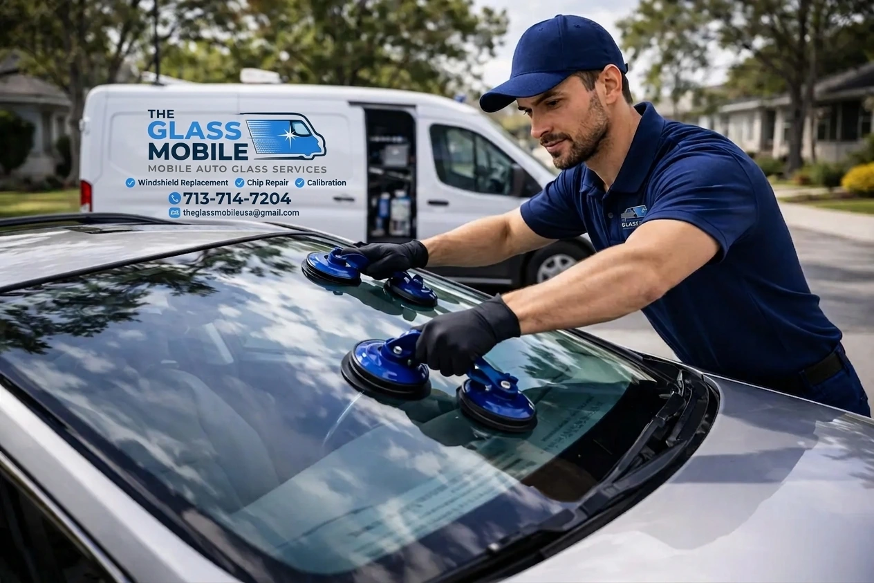 Technician using blue suction handles to adjust a car windshield during a windshield repair service.