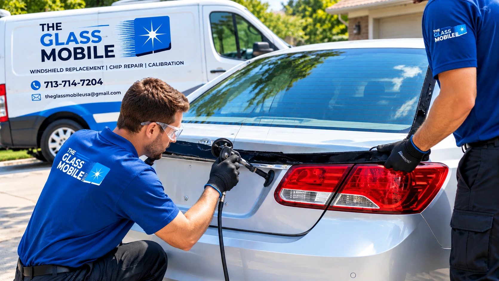 Auto glass technician applying sealant to prepare a silver sedan for a rear windshield replacement.