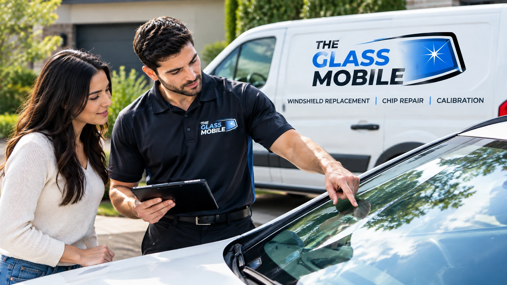 Auto glass technician pointing to windshield damage while inspecting a vehicle alongside a customer.
