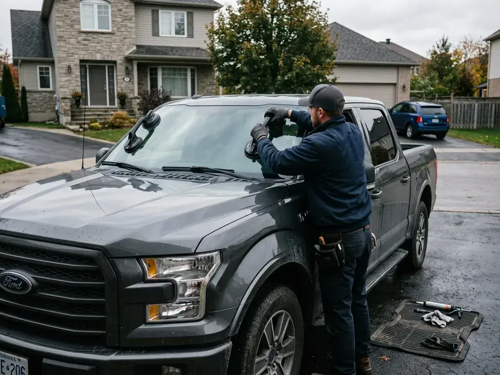 Auto glass technician installing a new windshield on a pickup truck using suction handles during an on-site service.